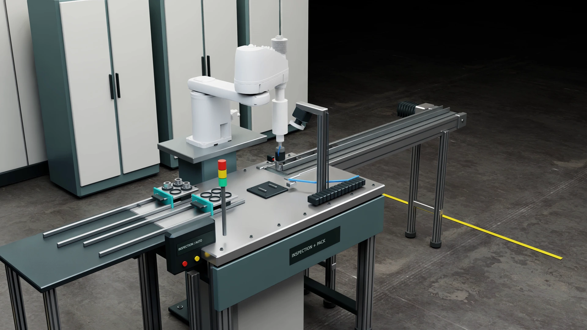 Epson SCARA robot beside an inspection fixture, conveyor and two packing trays